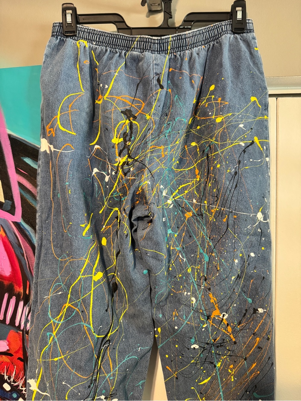 Upcycled Hand Painted High Waisted Elastic Denim Jeans Splatter Plus 14 - Picture 6 of 11